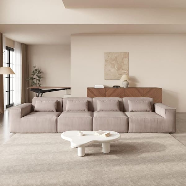 149 in. Square Arm Cloud Fleece Fabric 4-Seater Memory Foam Deep Seat Modular Sectional Sofa in. Brown