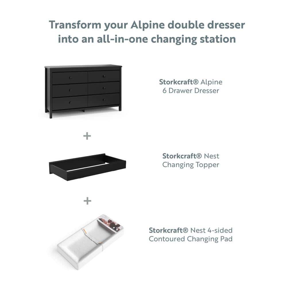 Alpine 6-Drawer Double Nursery Dresser in Black - GREENGUARD Certified