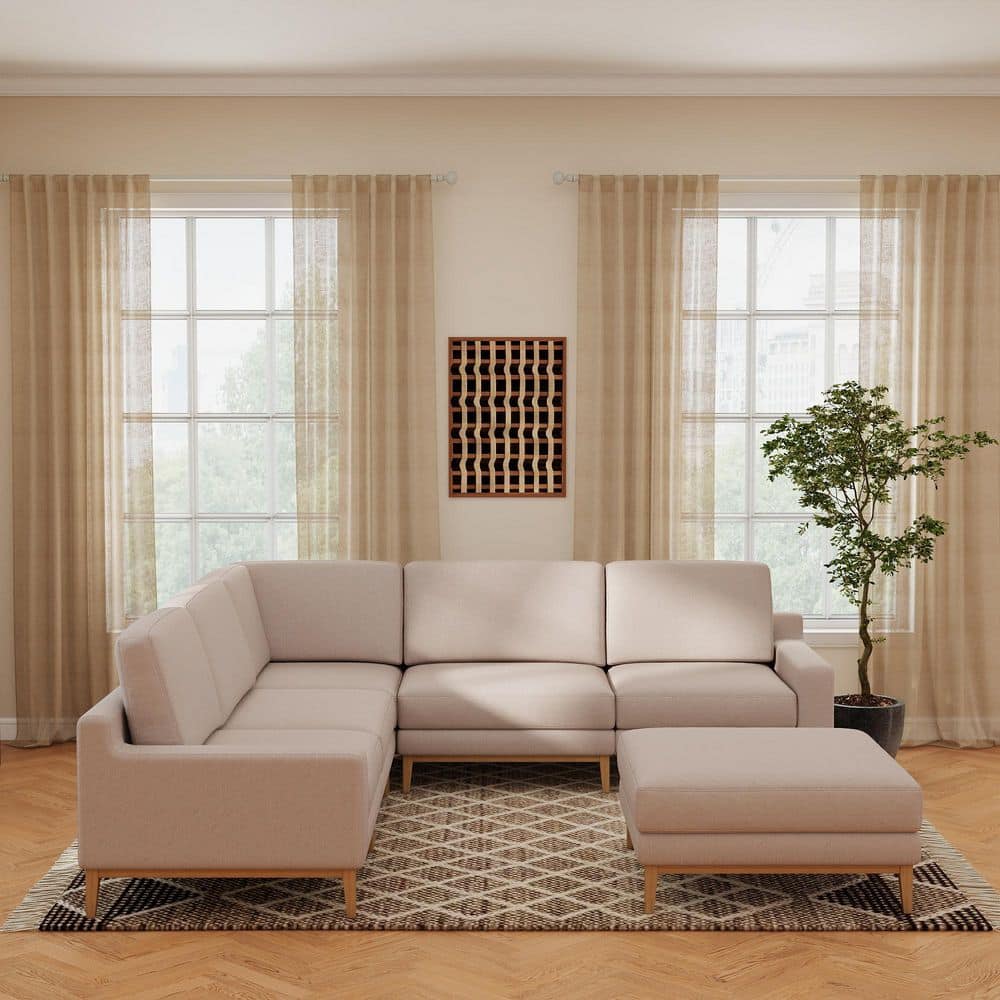 117 in. Square Arm Polyester Upholstered Modular Sofa with Ottoman and Reconfigurable Design in Khaki