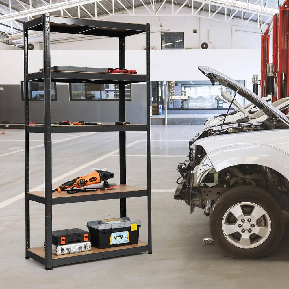 72'' Heavy Duty Black Steel Garage Rack with 5 Adjustable Wood Shelves
