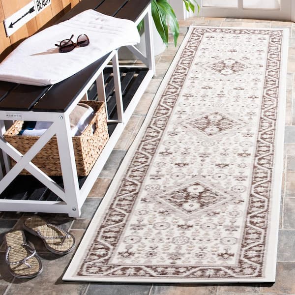 Sunrise Ivory/Gray Black 2 ft. x 8 ft. Ornate Border Reversible Indoor/Outdoor Runner Rug