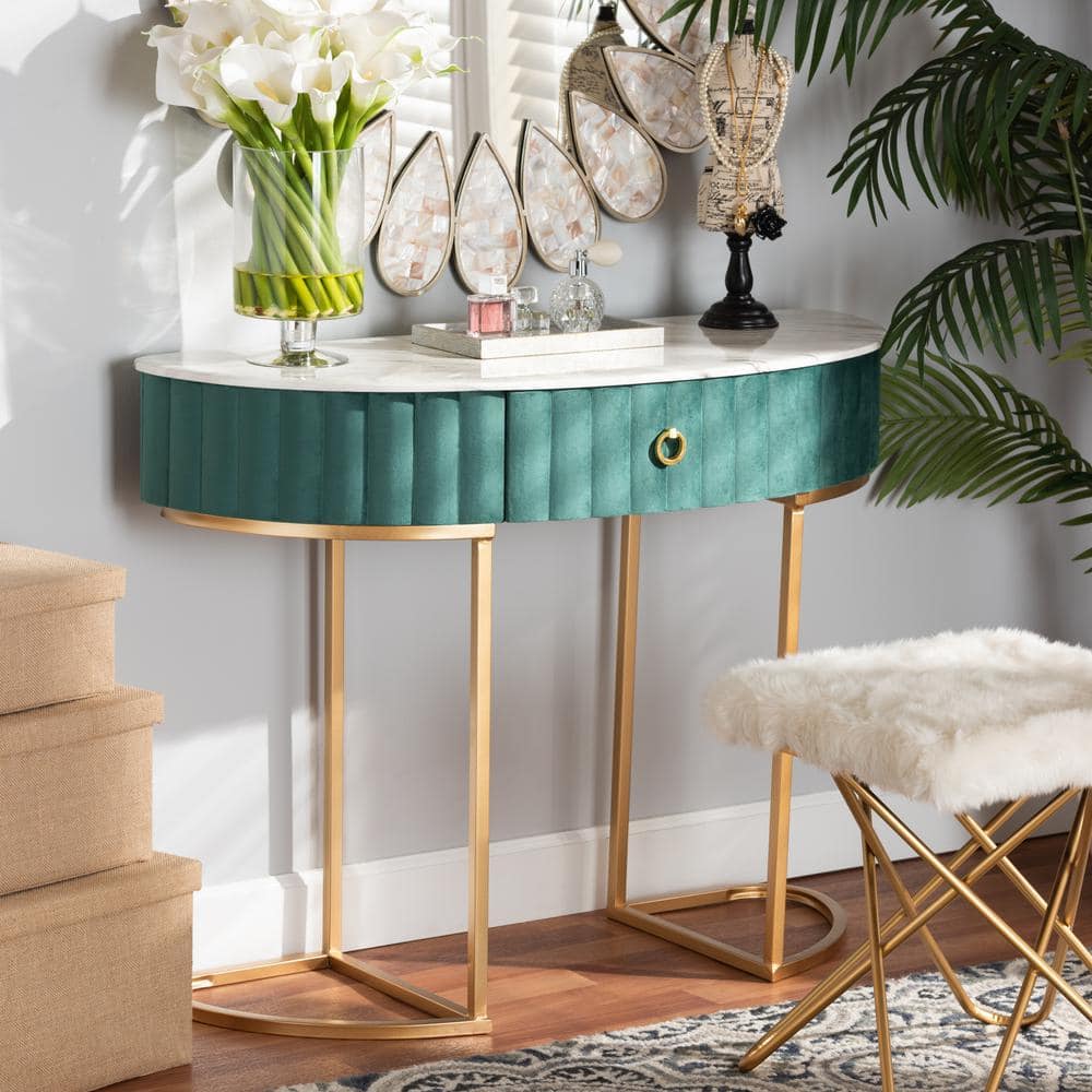 Luxurious Green Velvet and Gold 40" Console Table with Faux Marble Top