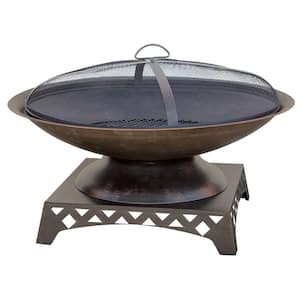 30 in. Diameter Bronze Finish Wood Burning Fire Pit with Pedestal Base and Mesh Spark Guard