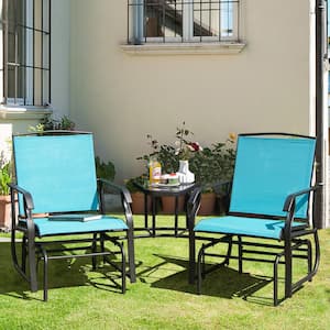 3-Piece Metal Patio Conversation Set Double Swing Glider Rocker Chair set with Glass Table in Turquoise