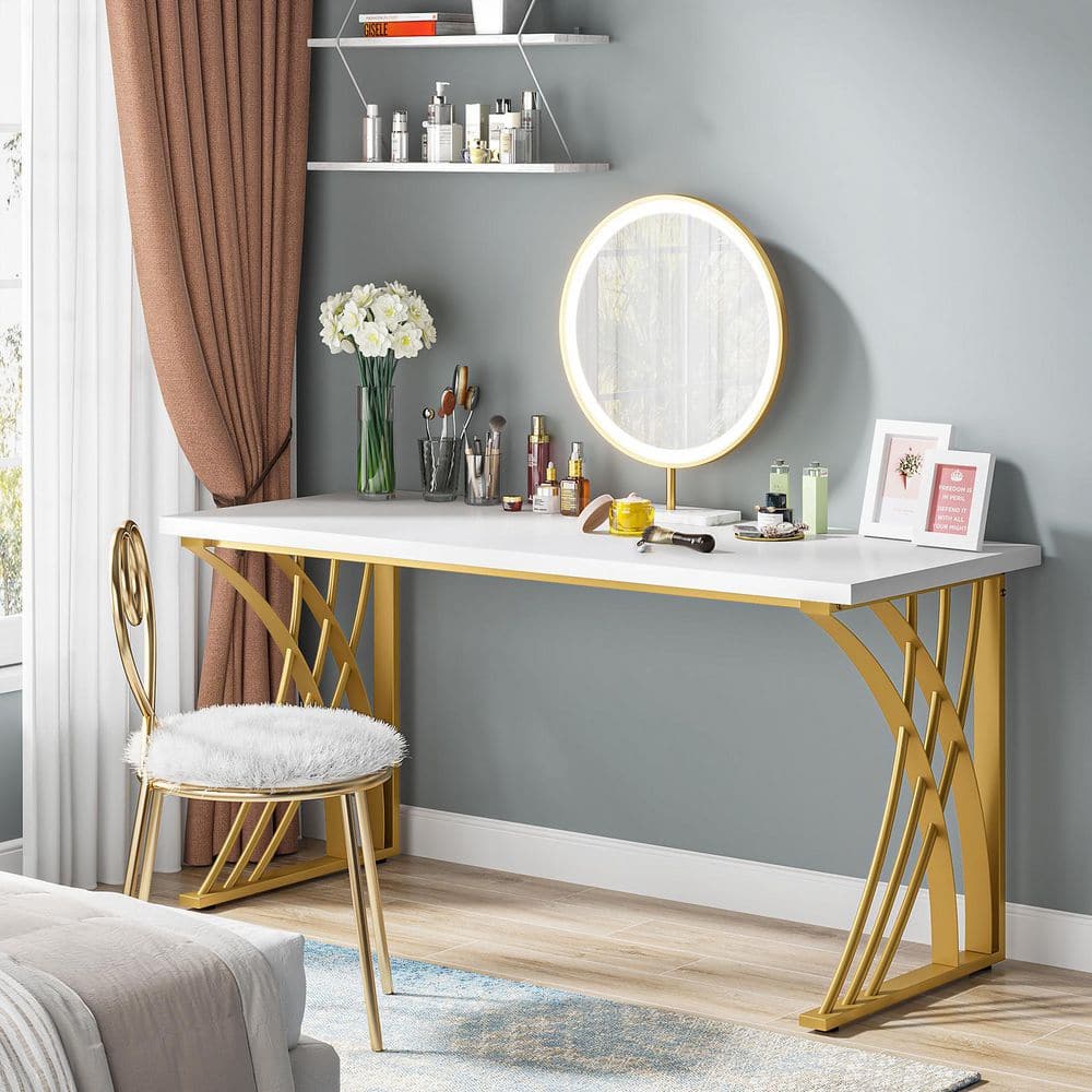 Moronia 55 in. Rectangular White Gold Wood Metal Conference Executive Computer Desk Study Writing Table for Home Office