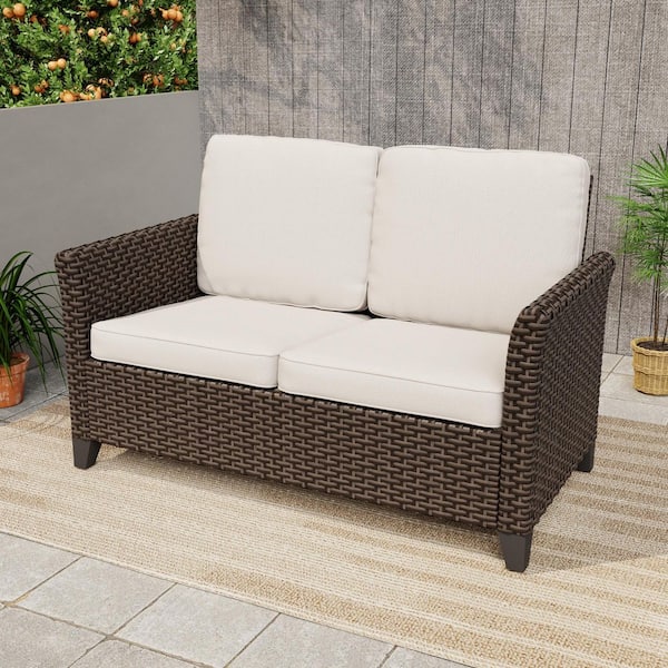 2-Seat Wicker Outdoor Patio Sofa Sectional Couch with Beige Cushions