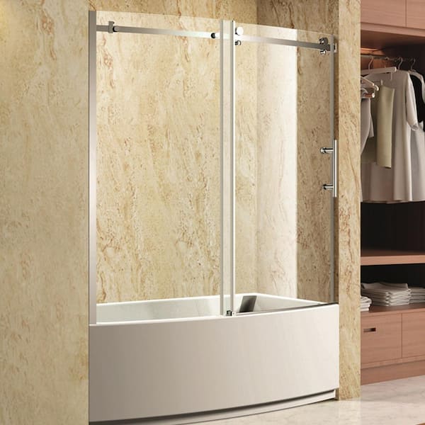 null 60.00 in. W x 58.50 in. H Bathroom Sliding Frameless Sliding Bathtub Door in Chrome, with Handle