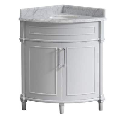Aberdeen 32 in. W x 23 in. D Corner Vanity in Grey with Carrara Marble Top with White Sinks
