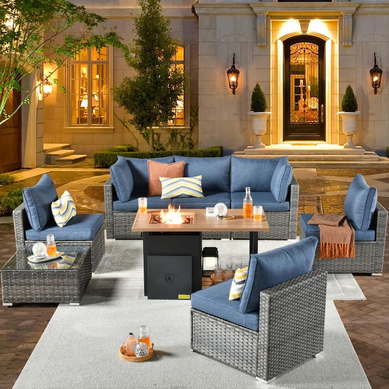 Daffodil B Gray 8-Piece Wicker Patio Storage Fire Pit Conversation Sofa Set with Denim Blue Cushions