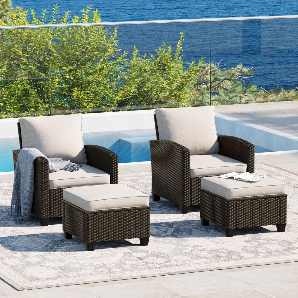 4-Piece Wicker Outdoor Patio Conversation Set with Chairs and Ottomans with Beige Cushions price history on PriceWatchPro