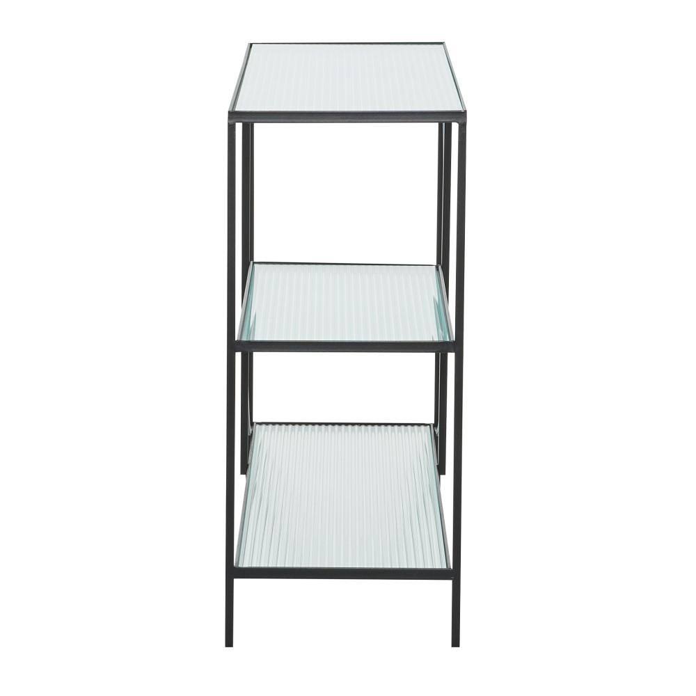 Black Metal and Glass Industrial Console Table with Storage Shelves