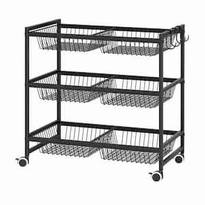 3-Tier Black Rolling Pantry Floor Organizer Cart with 6 Detachable Baskets, Metal Wire Fruit Basket Stand with Wheels