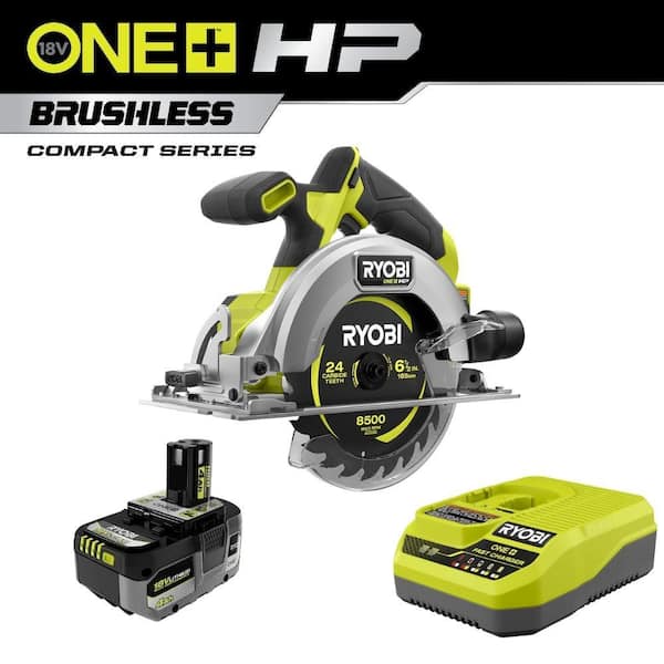 RYOBI ONE+ HP 18V Brushless Cordless Compact 6-1/2 in. Circular Saw w/ FREE 4.0 Ah HIGH PERFORMANCE Battery & Charger