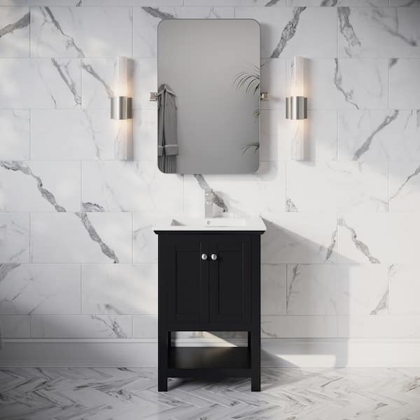 Manchester 24 in. Single Sink Shaker-Style Black Bath Vanity with White Quartz Top and Integrated Sink
