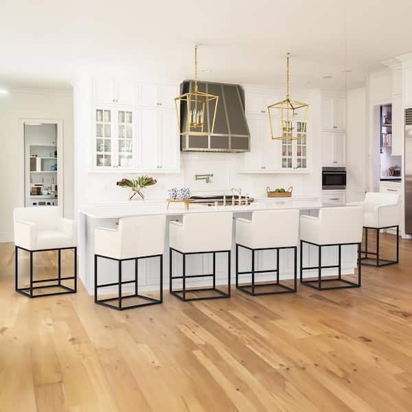 Luna 26 in. Beige Fabric Upholstered Counter Bar Stool with Black Metal Frame Square Counter Stool Set of 6