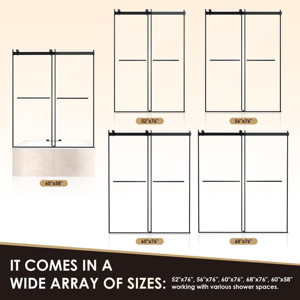 Belizzi 56" Matte Black Frameless Shower Door with Clear Glass