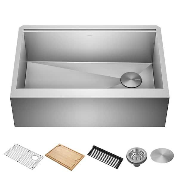 KRAUS Kore 30 in. Farmhouse/Apron-Front Single Bowl 16 Gauge Stainless Steel Kitchen Workstation Sink with Accessories