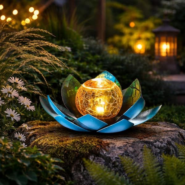 9.84 in. Solar Garden Torch Lotus Flower Solar Lamp, Blue Metal