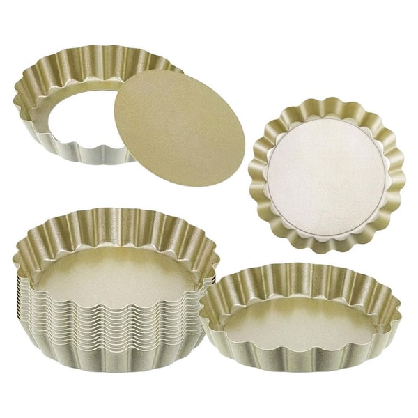 16-Pack Gold Round Fluted Carbon Steel Mini Tart Pans with Removable Bottom Nonstick Coating for Pie Baking