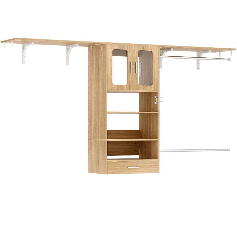 58 in. W - 96 in. W Natural Tower Wall Mount 6-Shelf Wood Closet System With Doors 1 Pull-Out Pants Rack 2 Hanging Rods