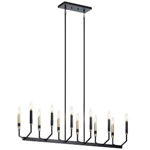 Armand 42.75 in. 12-Light Black with Bronze Accent Contemporary Candle Linear Chandelier for Dining Room