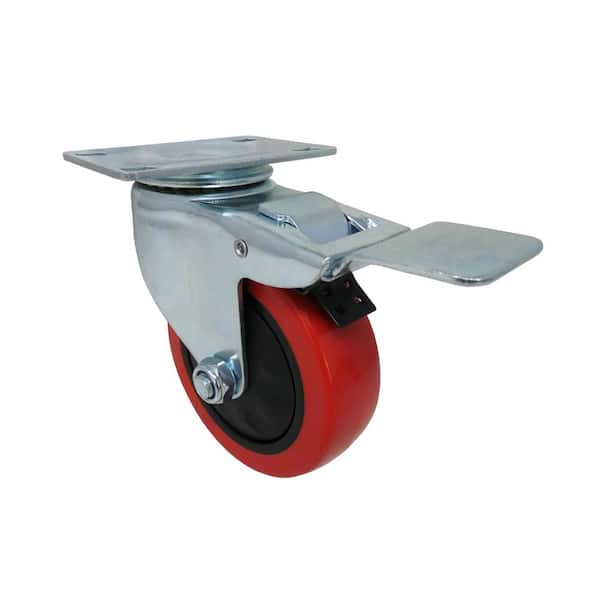 Everbilt 4 in. Red Polyurethane and Steel Swivel Plate Caster with Locking Brake and 250 lb. Load Rating