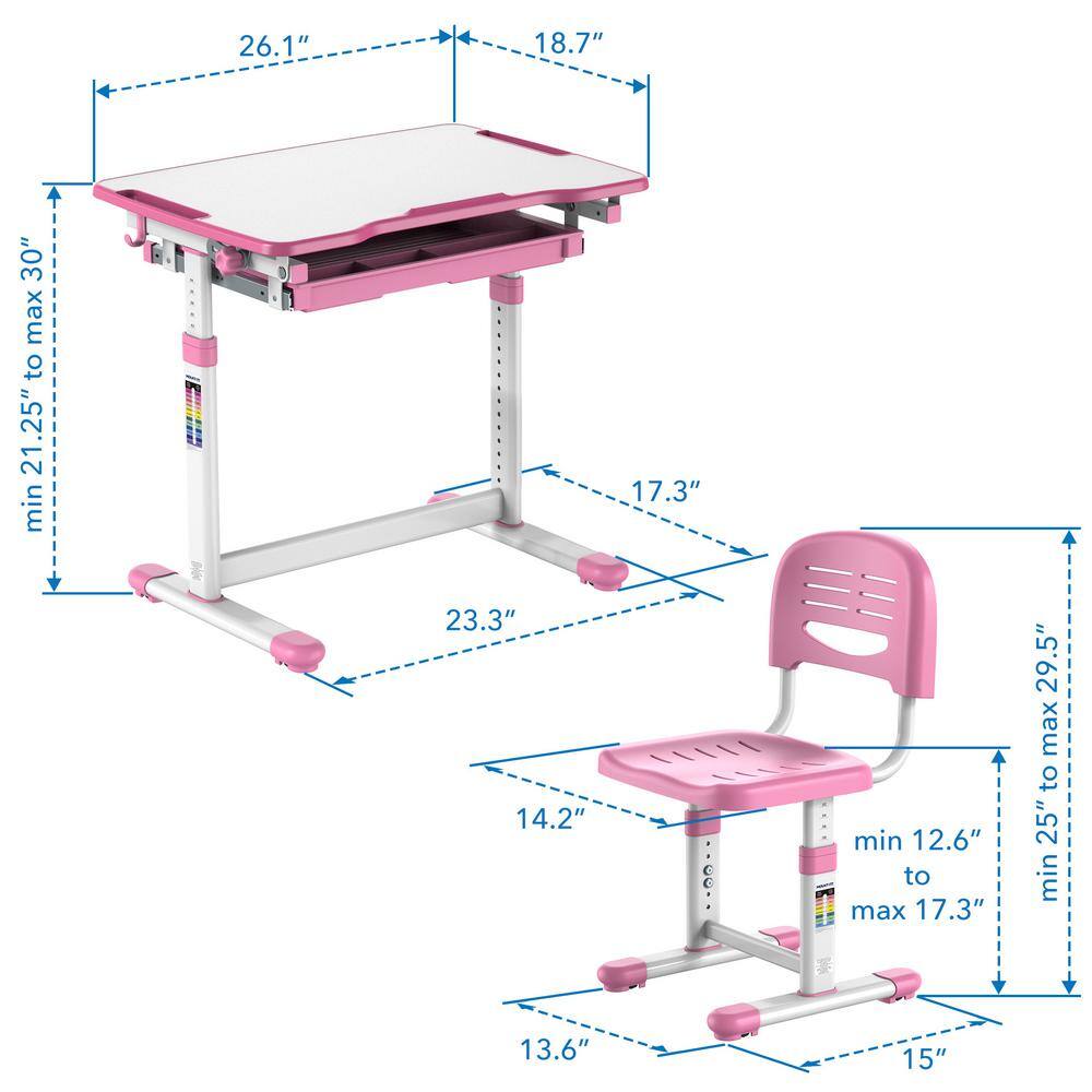 Pink Adjustable Height Kids Desk and Chair Set with Storage Drawer
