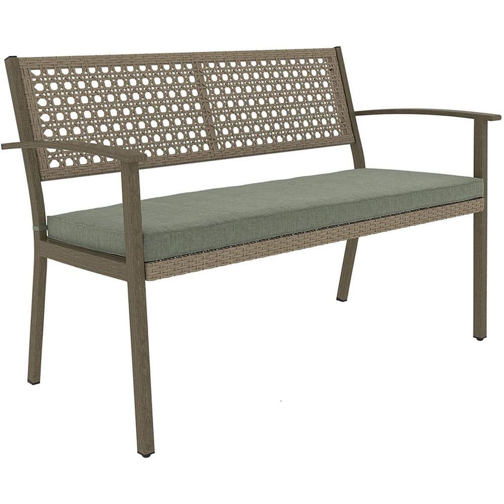 2-Person Wicker Rattan Outdoor Patio Bench with Green Cushion