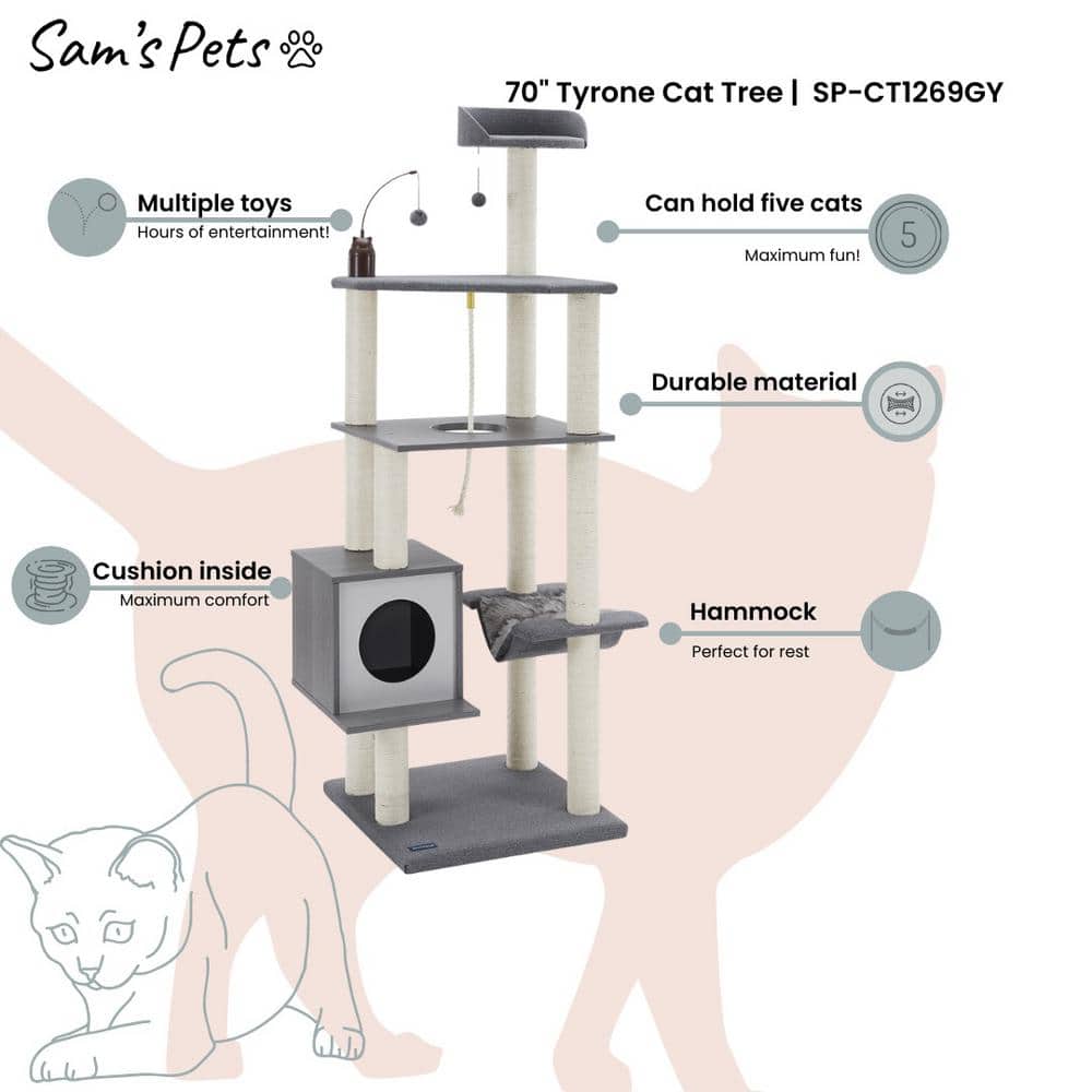 Gray Multi-Tiered Polyester Cat Tree with Hammock and Toys