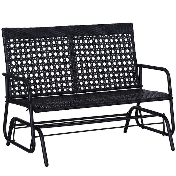 Black Wicker and Metal Outdoor Bench