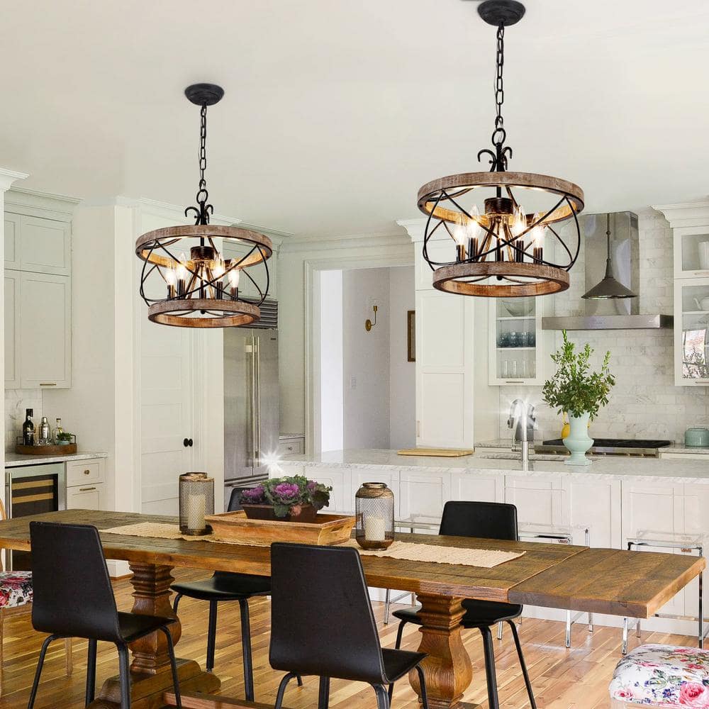 15.7" Weathered Wood Drum Farmhouse Chandelier with Adjustable Chain
