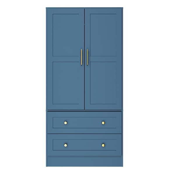 Shaker 32 in. W x 22 in. D x 65 in. H Ready to Assemble Floor Base Storage Cabinet in Blue with Hanging Rod and Shelves