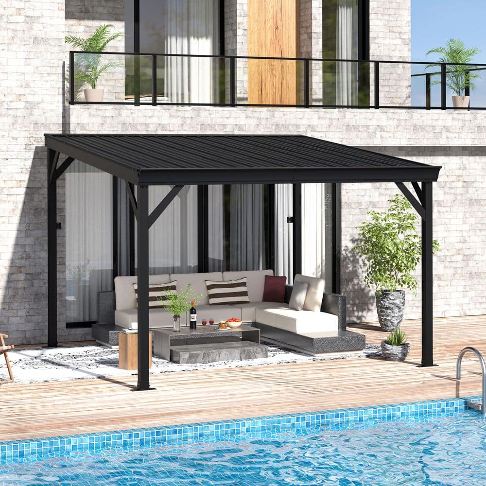 VEIKOUS 8 ft. x 10 ft. Patio Cover Wall-Mounted Metal Pergola with ...