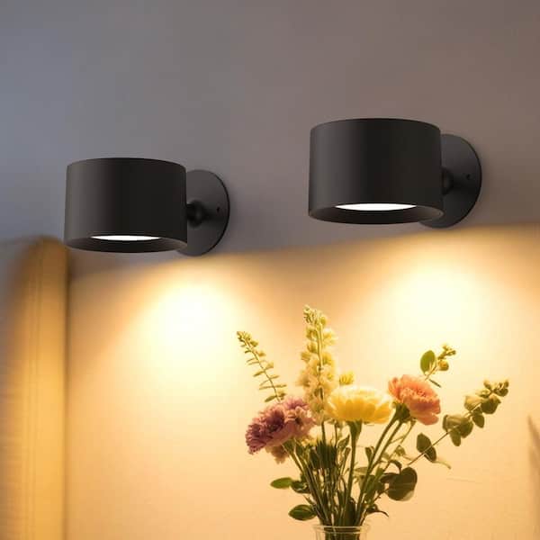 Picture Lights 2 Pack, 360° Rotating Wall Sconces with Remote, Dimmable Black LED Wall Lamps for Bedroom Living Room