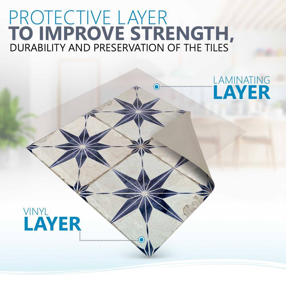 Teal Blue and Brown Star Pattern Vinyl Peel and Stick Tiles, 8x8-inch