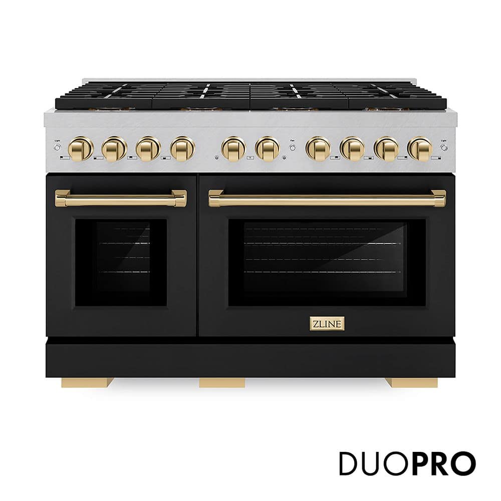 ZLINE Kitchen and Bath Autograph 48 in. 6.7 cu. ft. Gas Range with 8 Burner DuoPro Cooktop and Dual Ovens in Satin with Black Matte and Gold