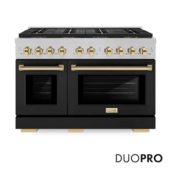 Autograph 48 in. 6.7 cu. ft. Gas Range with 8 Burner DuoPro Cooktop and Dual Ovens in Satin with Black Matte and Gold