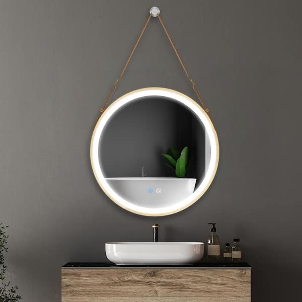 NTQ 28 in. W x 28 in. H Round Framed Wall Mounted LED Bathroom Vanity Mirror with Anti-Fog, Dimmable in Brushed Gold