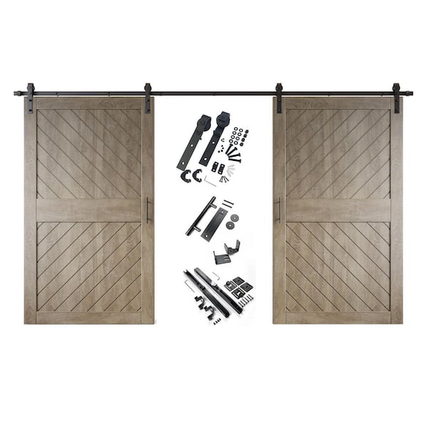 HOMACER XT4 42 in. x 84 in. C-Panel Classic Gray Slanted Stripe Design Double Pine Wood Sliding Barn Door with Hardware Kit