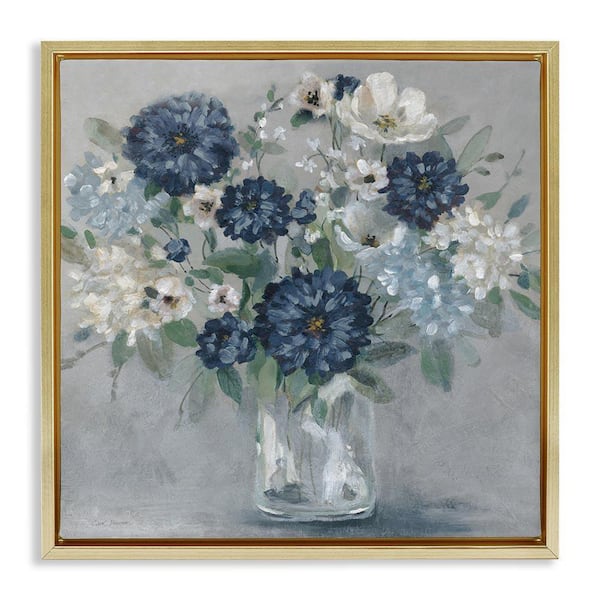 Blue Mums Mixed Bouquet by Carol Robinson Gold Floater Frame Nature Graphic Art Print 18 in. x 18 in.