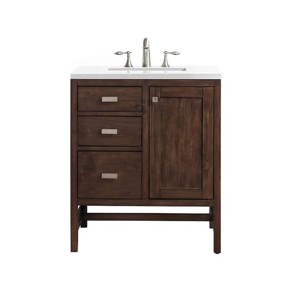 James Martin Vanities Addison 30.0 in. W x 23.5 in. D x 35.5 in. H Bathroom Vanity in Mid Century Acacia with White Zeus Quartz Top