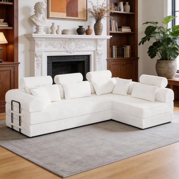 Rex Modern 106.3 in. Round Arm 2-Piece Terrycloth Corduroy Modular Compressed Sectional Sofa in. Beige with Pillows