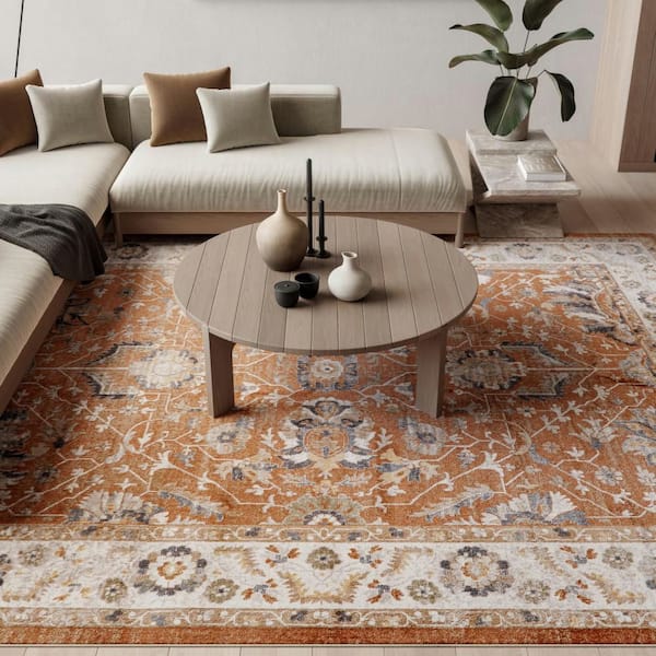 Astra Machine Washable Rust Ivory 8 ft. x 10 ft. Medallion Traditional Area Rug