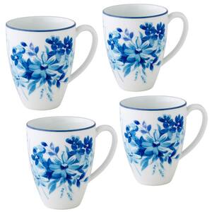 Blossom Road 16 fl. oz. (White and Blue) Porcelain Mugs, (Set of 4)