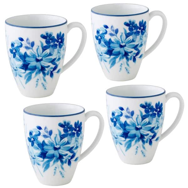 Noritake Blossom Road 16 fl. oz. (White and Blue) Porcelain Mugs, (Set of 4)
