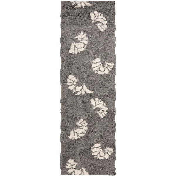 SAFAVIEH Florida Shag Gray/Beige 2 ft. x 7 ft. Solid Floral Runner Rug