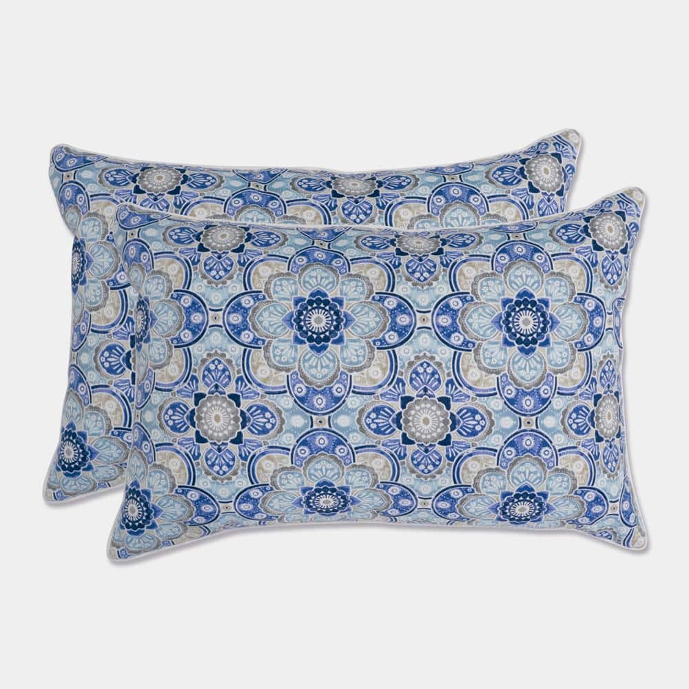 Blue and Gray Rectangular Outdoor Throw Pillow Set