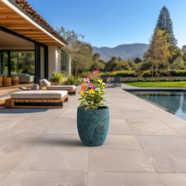11.5 in. Medium Blue Patina (Enhanced Interior) Concrete Round Planter / Pot with Drainage Holes