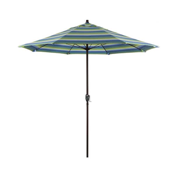 California Umbrella 7.5 ft. Bronze Aluminum Market Patio Umbrella with Fiberglass Ribs and Auto Tilt in Seville Seaside Sunbrella