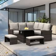 Chloe Brown 5-Piece Wicker Patio Fire Pit Conversation Sofa Set with Beige Cushions